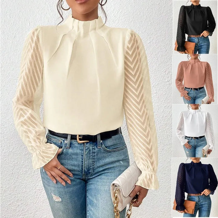 Yannie- Women's Patchwork Wave Pattern Pullover Chiffon Blouse