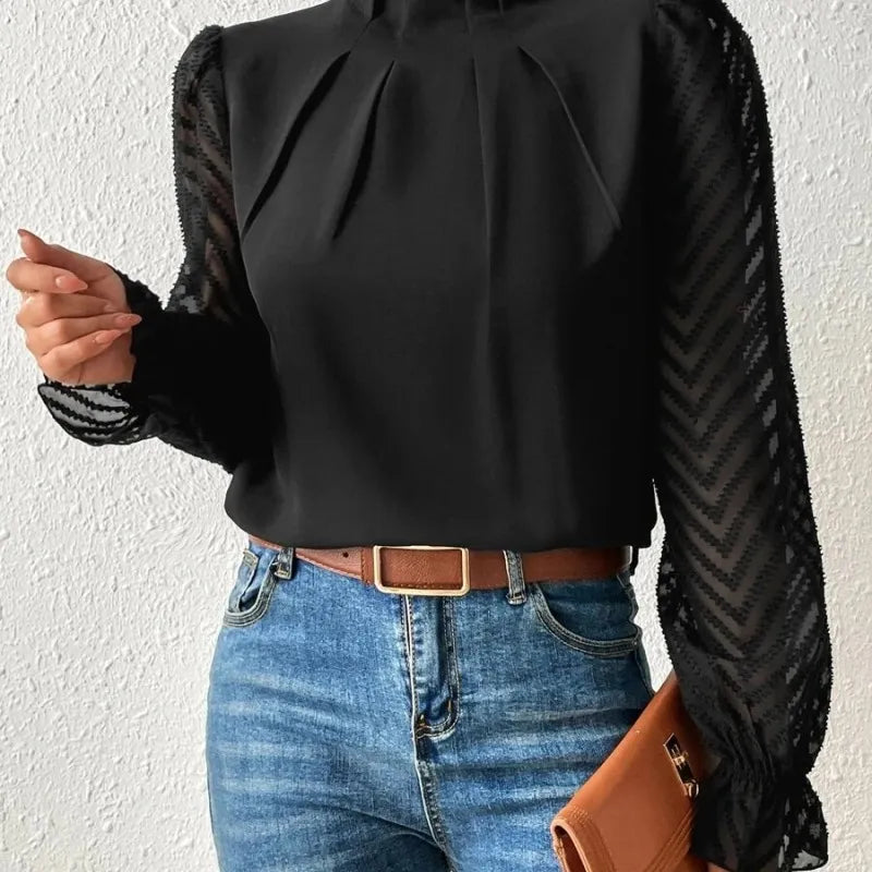 Yannie- Women's Patchwork Wave Pattern Pullover Chiffon Blouse