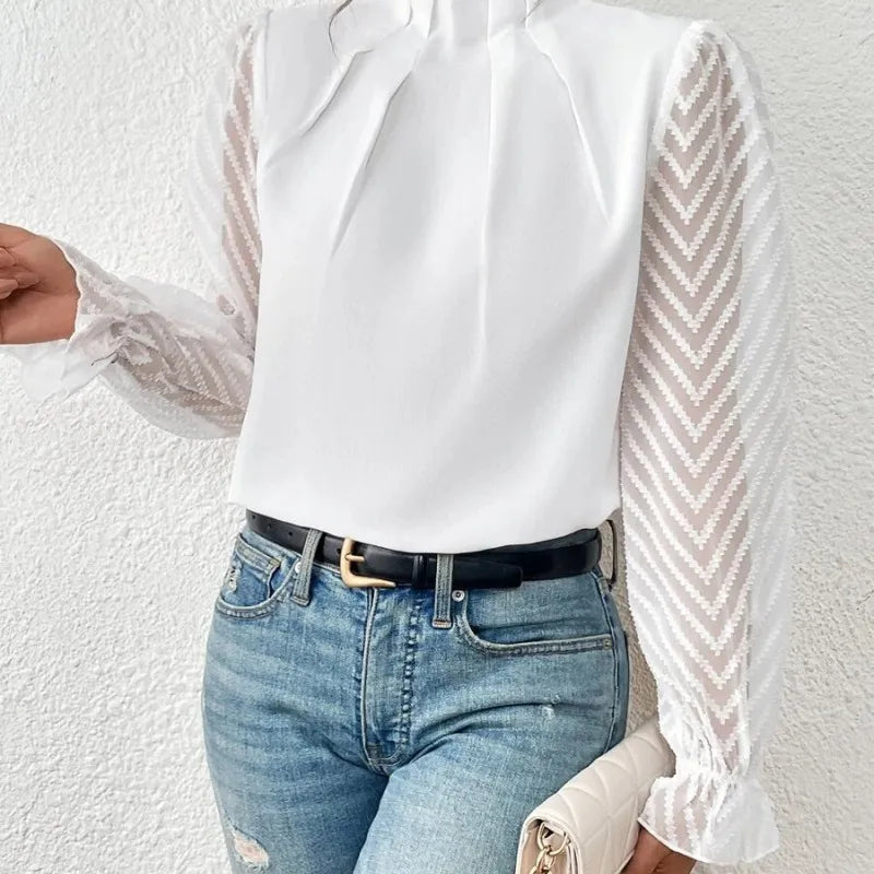 Yannie- Women's Patchwork Wave Pattern Pullover Chiffon Blouse